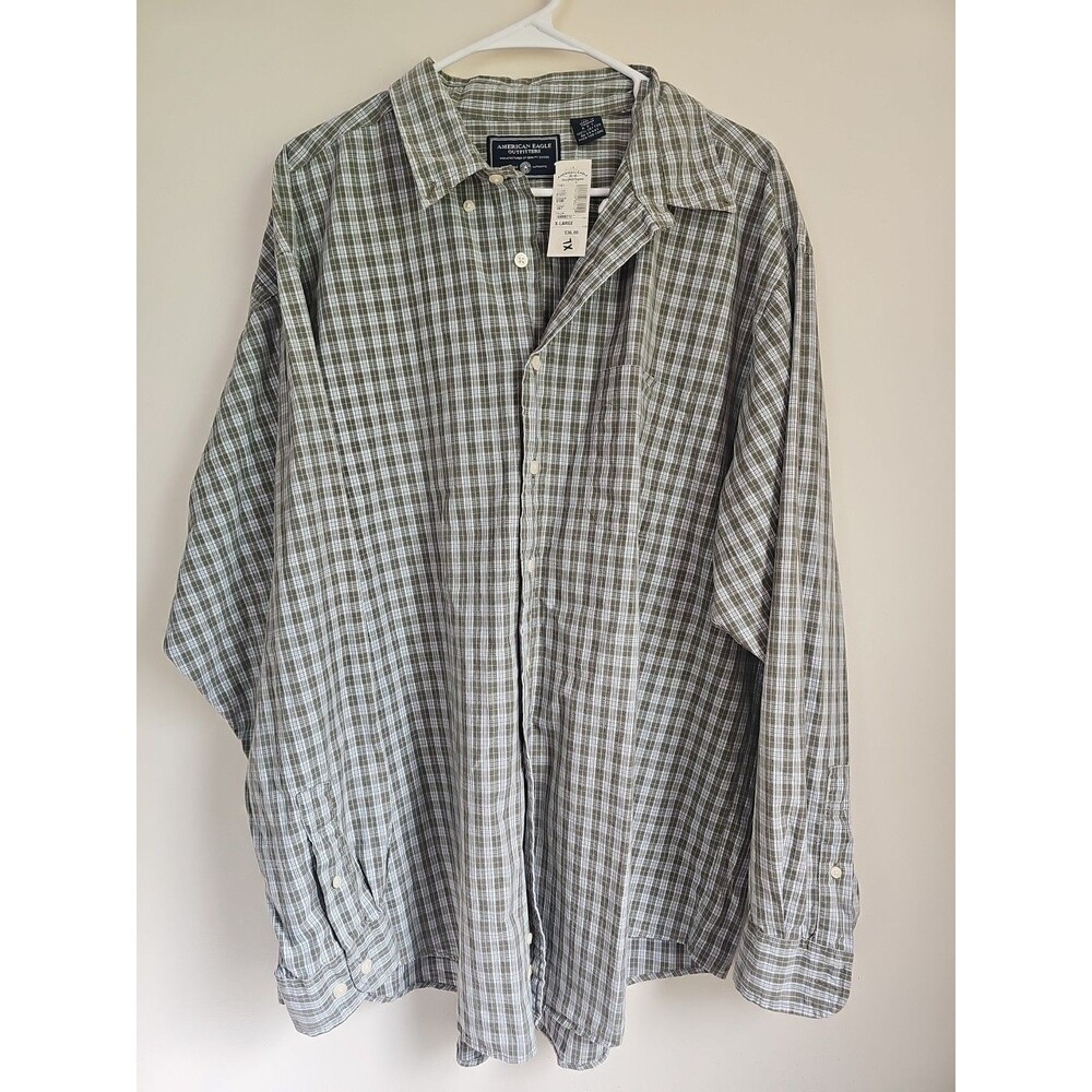 American Eagle Dress Shirt Mens Green White Plaid Long Sleeve XL With Tags